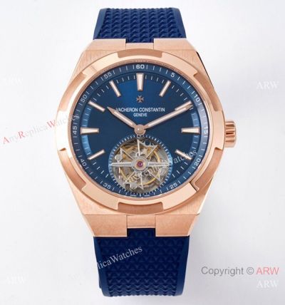 1-1 Super Clone Vacheron Constantin Overseas Tourbillon V2 Watch Rose Gold Blue Rubber Strap